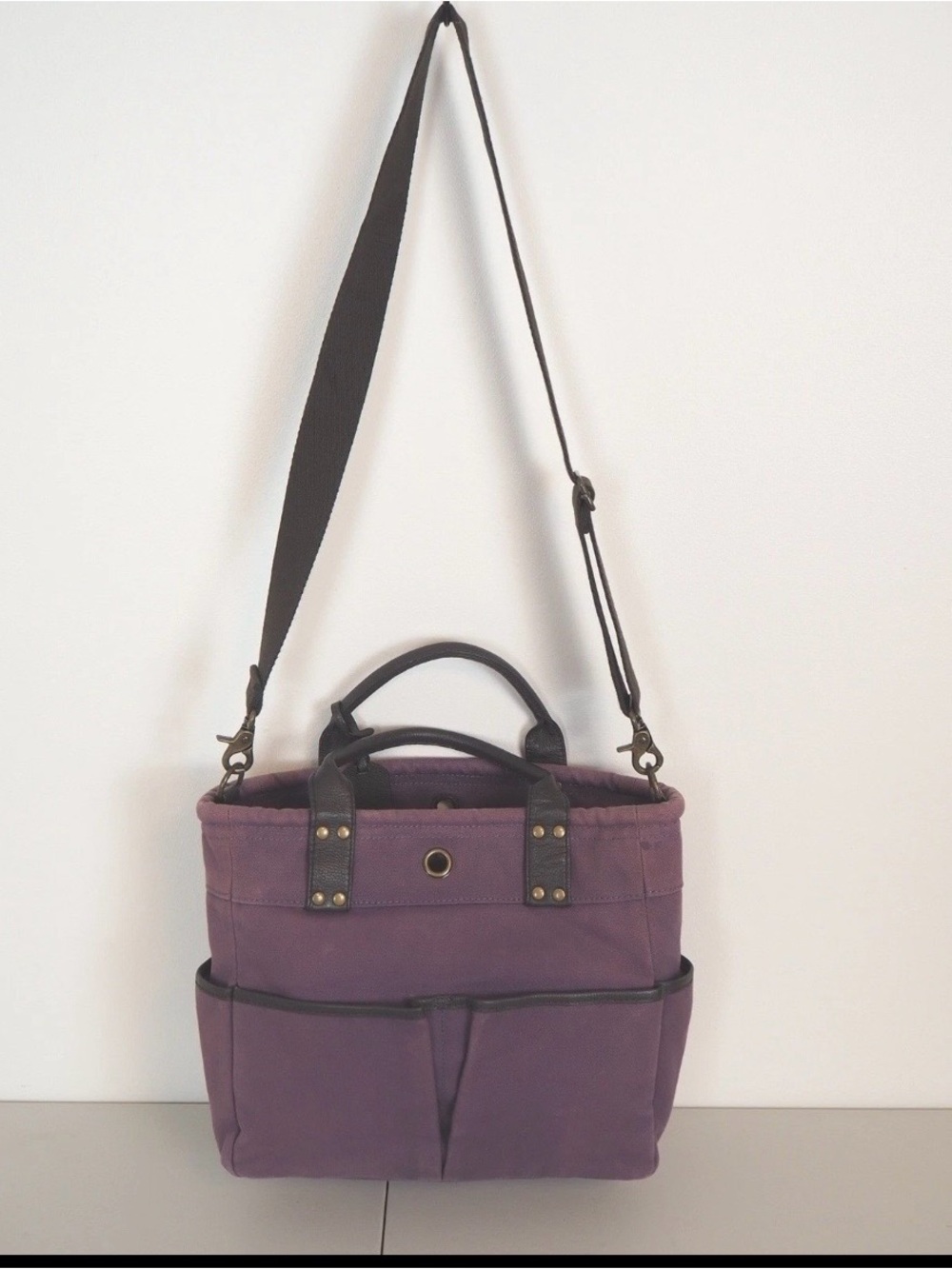 Levenger Purple Canvas Tote with Dark Brown Leather Trim